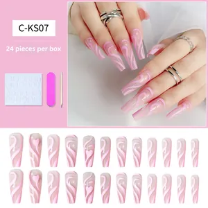 Kit de faux ongles ballerine rose à vagues et cœurs avec 24 pièces et outils de pose