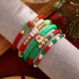 5-piece Christmas beaded bracelet set with red and green clay beads and Santa charms