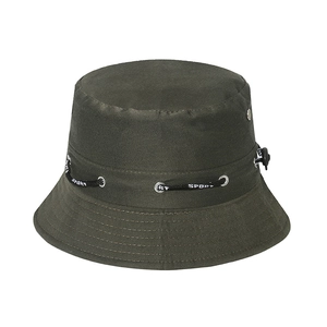 Close-up of olive green fishing hat with adjustable sport drawstring and ventilation holes