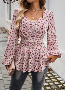 Detail of square neck floral long sleeve top with smocked waist and ruffled hem