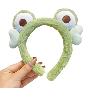 Diadema linda de felpa con ojos de rana verde para lavado de cara y maquillaje