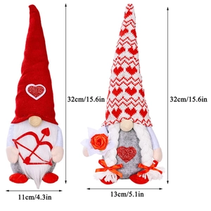 Pair of Valentine's Day plush gnomes with sequins and hearts, 32cm tall holiday decor