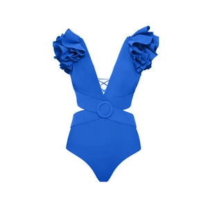 Royal blue one-piece swimsuit featuring deep V-neck, ruffle sleeves and hollow-out waist