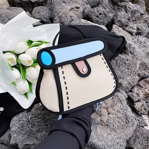 Creative 2D cartoon style canvas handbag with bold black outlines on a volcanic rock