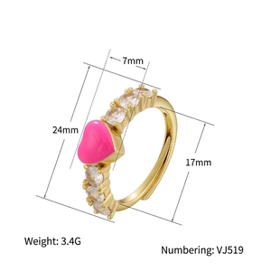 Adjustable golden heart ring with pink enamel and micro-set cubic zirconia accents