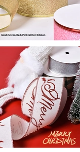 Glitter Christmas ribbons with Merry Christmas text for gift wrapping and tree decor