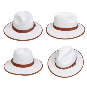 Detailed four-way view of white woven straw fedora with brown leather belt trim