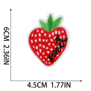 Detailed size chart showing 6x4.5cm dimensions for strawberry fruit embroidered patch