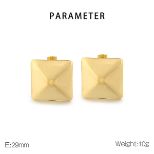 Detail view of large gold square titanium steel earrings with 29mm size specifications