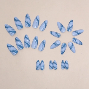 Elegant almond fake nails with blue fluid lines and marble art on light blue base