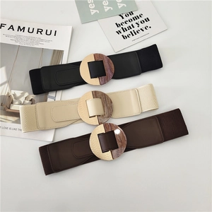 Detail showing elastic waist belts in three colors with resin round buckles for dresses