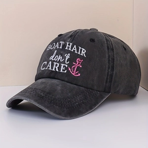 Washed dark grey baseball cap with BOAT HAIR embroidery and pink anchor design