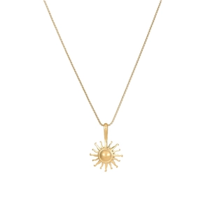 Polished gold sunburst pendant necklace featuring a radiating sun charm on a delicate chain
