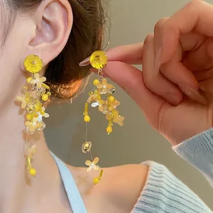 Yellow Flower Tassel Long Dangle Earrings Bohemian Handmade Beaded Resin Fabric With 925 Sterling Silver Earring Post