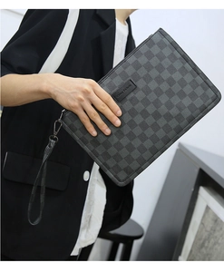 Men's dark grey checkered clutch bag casual envelope bag with wrist strap detail display.