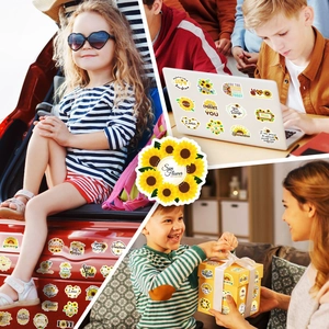 Three lifestyle scenarios showing sunflower stickers on car, laptop, and gift box