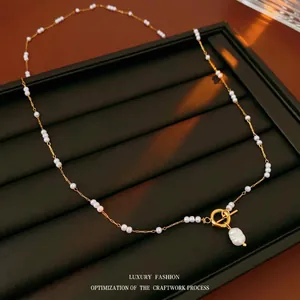 Collier en perles d'acier inoxydable vintage avec fermoir OT et pendentif baroque