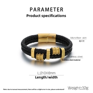 Détail du bracelet en cuir tressé avec boucle magnétique en acier doré et dimensions