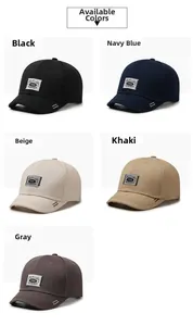Close-up of baseball caps in black, navy, beige, khaki, and grey with 1998 fabric label