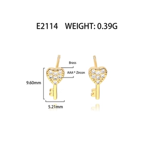 Detail view showing 9.6mm gold-plated zircon key stud earrings with precise weight and sizing