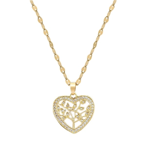 Gold heart necklace with tree of life pendant and crystals on a flat link chain