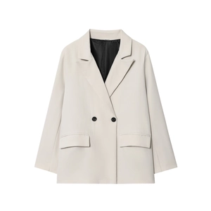 Women's chic beige double-breasted blazer with black buttons and sleek oversized fit
