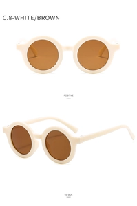 Front and 45-degree side view of matte cream round frame retro kids sunglasses