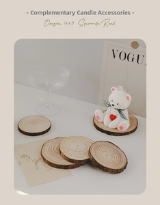 Macro shot of natural wood slices with bark edges and rings for candle tray decor