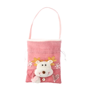 Pink Christmas drawstring bag with 3D reindeer decor and quilted heart pattern