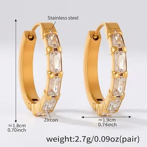 Detail showing 18K gold plated earrings with micro-set rectangular step-cut zircon stones