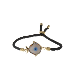 Detail of fish-shaped evil eye bracelet with colorful zircons and black rope