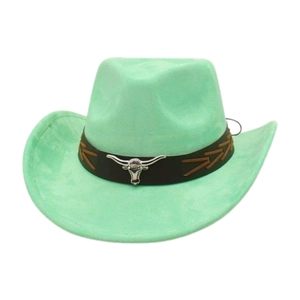 Detail of mint green suede cowboy hat with brown leather band and silver bull head accent