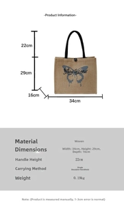 Detailed dimension chart for large capacity linen tote bag showing size measurements