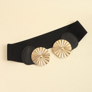 Women's black elastic waist belt with vintage gold sunburst metal buckle for dresses