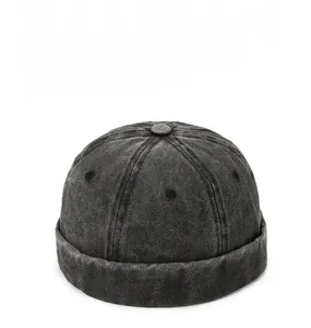 Macro detail of charcoal grey washed denim miki hat with six-panel stitching and eyelets