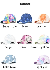 Detailed color display of various tie-dye cotton baseball caps in a grid layout
