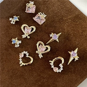 Heart Star Zircon Stud Earrings And Ear Clips For Non Pierced Ears Copper Bow Sweet Jewelry For Women