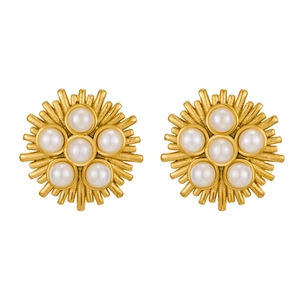 Elegant gold-plated sunburst earrings featuring a pearl floral pattern on white background