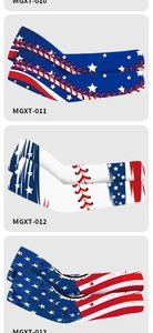 Detail view of UV sun protection arm sleeves with US flag and baseball patterns