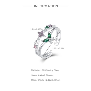 Detail view of S925 sterling silver ring with colorful flower zircon and butterfly accents