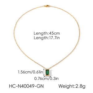 Detailed specs of gold necklace with green rectangular zircon pendant and 45cm chain length