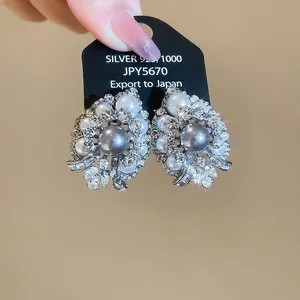 Elegant S925 silver needle pearl drop earrings with sparkling rhinestones and vintage style