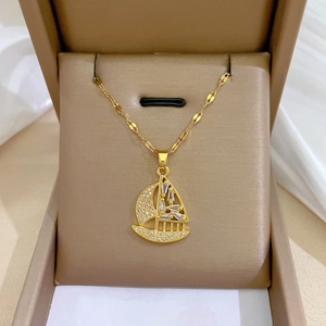Sailing Boat Pendant Necklace Stainless Steel Chain Copper Zircon Micro Inlaid Elegant Banquet Wedding Jewelry For Women