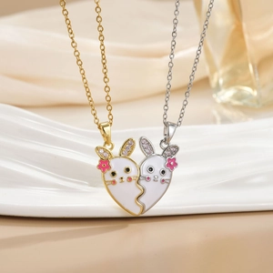 Cartoon bunny heart magnetic pendant necklace for best friends with pink flower crystal