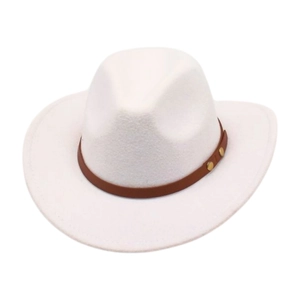 Detail of white felt western cowboy hat with brown leather band and gold metal rivets