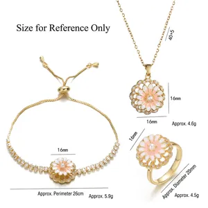 Pink enamel flower necklace and bracelet set in gold plated stainless steel