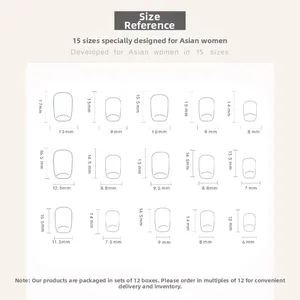 Size guide for cartoon pink leopard press-on nails showing 15 specific nail dimensions