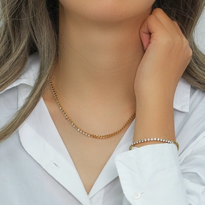 Gold plated stainless steel Cuban chain necklace and bracelet set with cubic zirconia