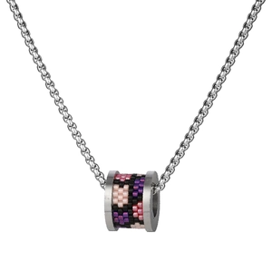 Titanium steel cylinder necklace with colorful glass beads on silver rolo chain