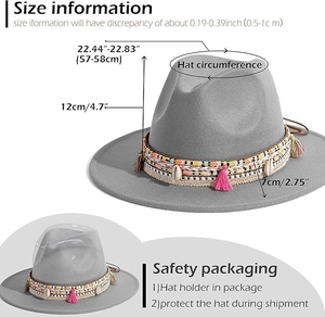 Detailed size chart and safety packaging display for grey felt fedora jazz hat